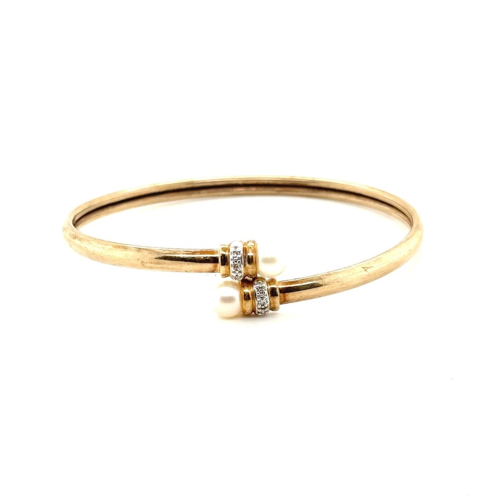 10k Yellow Gold Pearl Diamond Bypass Bangle Bracelet‎ 5.4g Vintage Women Jewelry